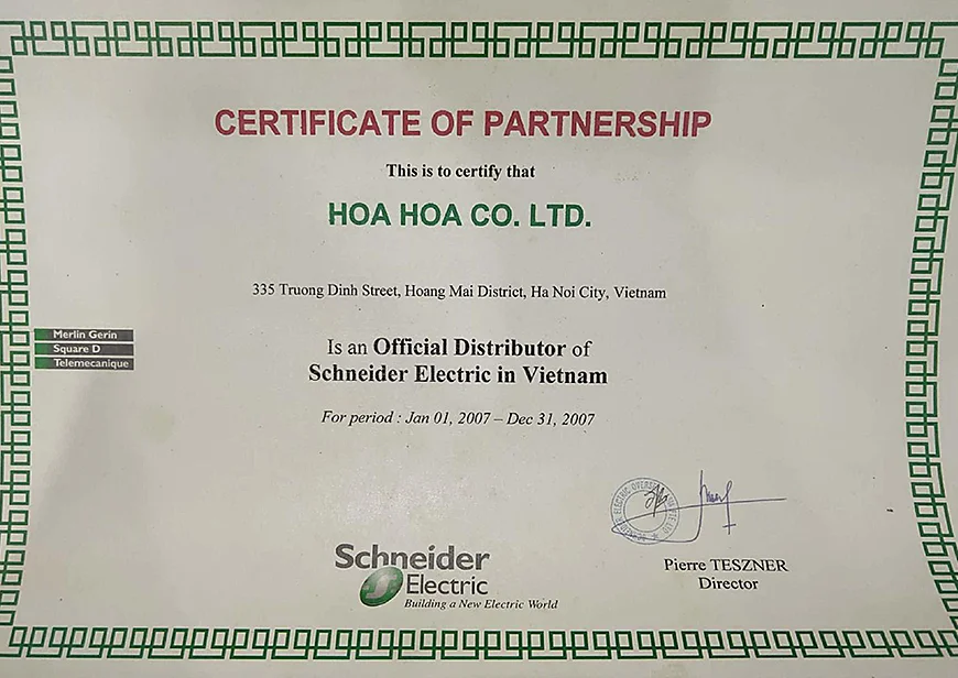 Chứng nhận NPP Schneider 2007