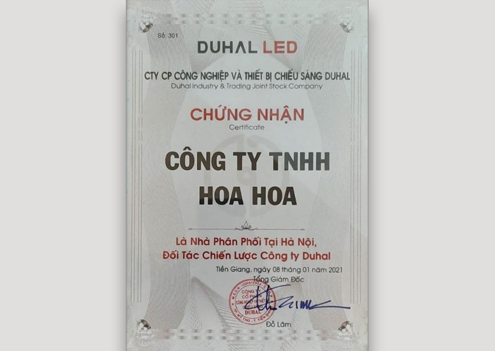 Chứng nhận NPP đèn Led Duhal 2021